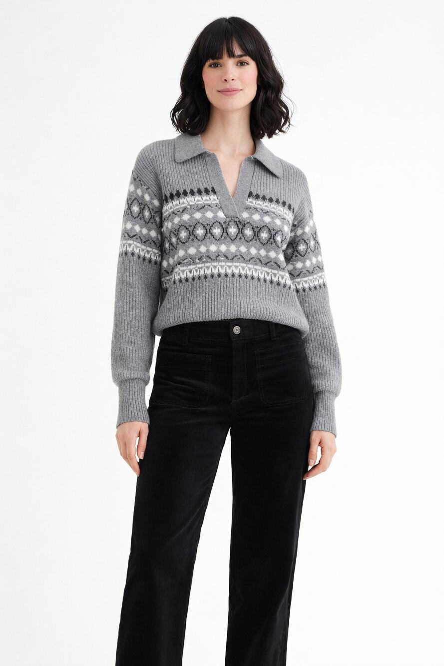 Loft Fair Isle Long Sleeve Ribbed Collared Sweater Grey Womens Size Medium New